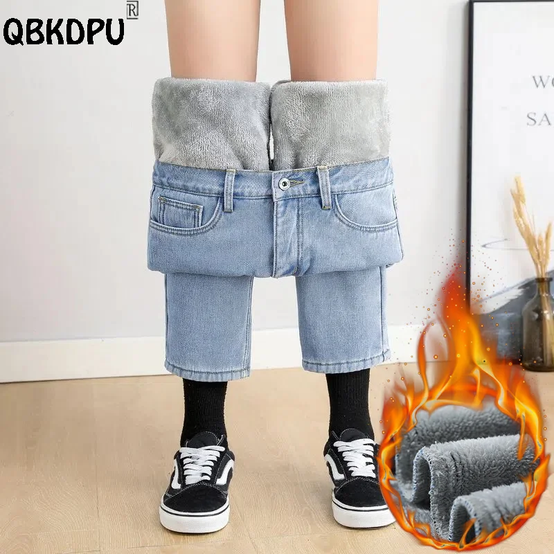 Top Trends: Plus Velvet Winter Ankle Length Jeans Wash Blue Thicken Warm Women Straight Vaqueros New Elastic High Waist Plush Denim Pants Shoppable Styles