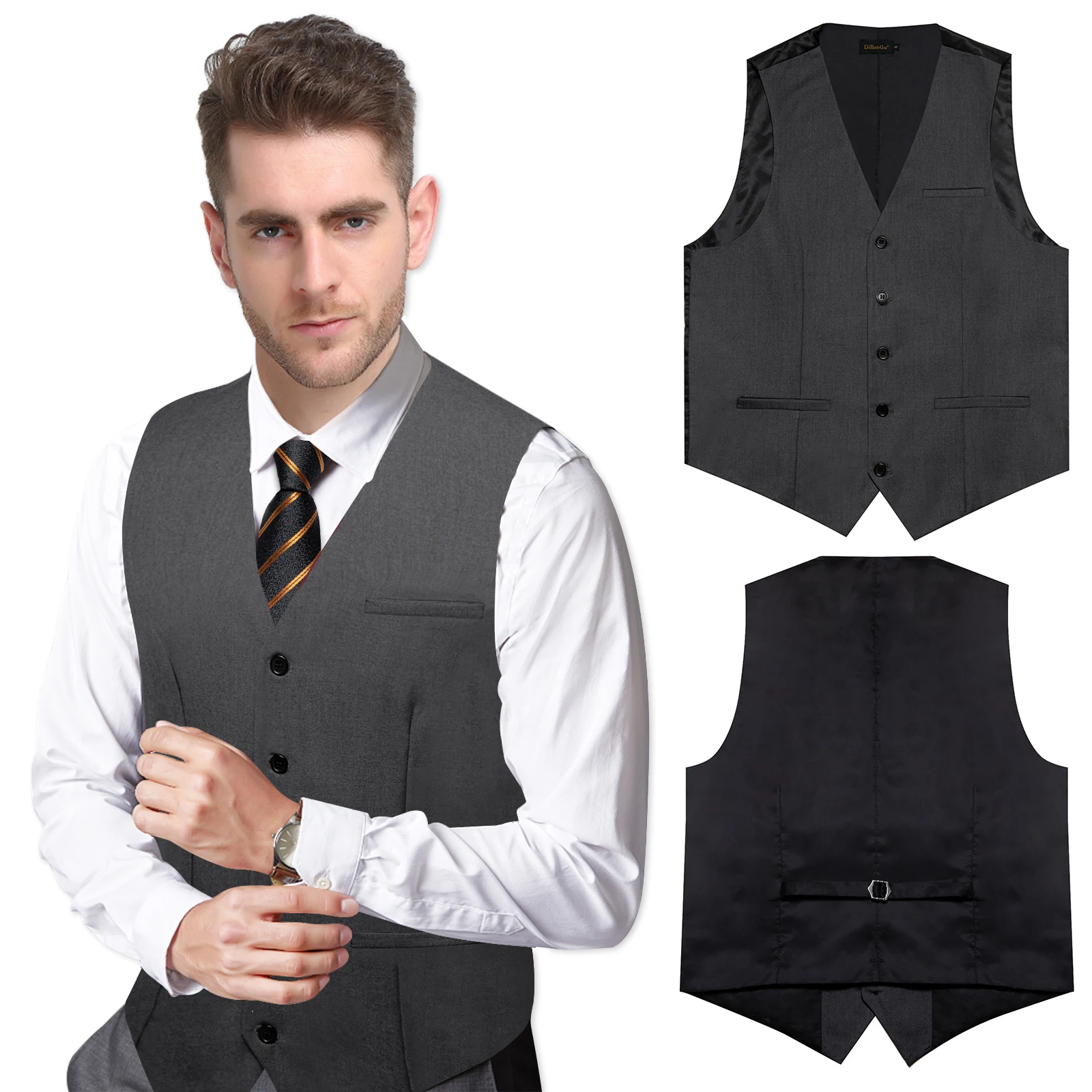 Top Trends: Fashion Dark Gray Slim Fit Vest For Man Classic Chaleco Hombre Striped Necktie Set Business Party Dress Waistcoat Sleeveless Shoppable Styles