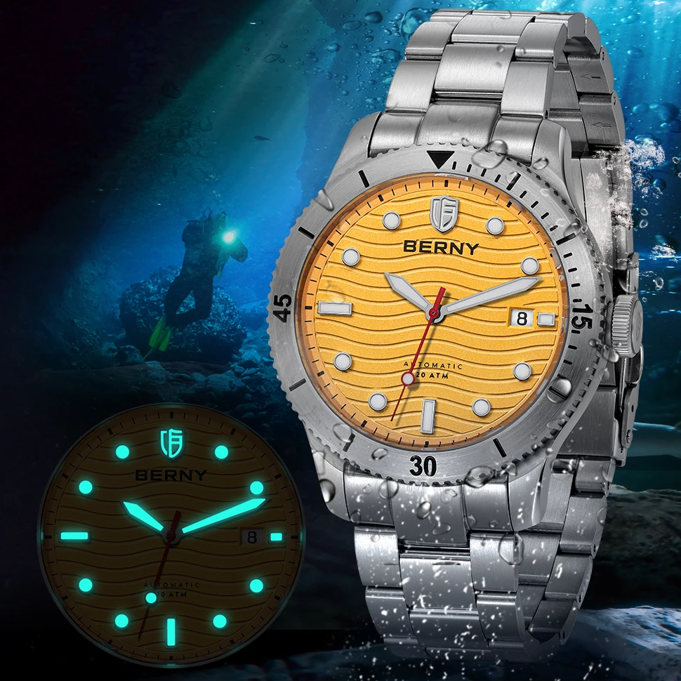 Top Trends: BERNY 20ATM Diving Watch Men Automatic Self-wind Luminous Sapphire Waterproof Stainless Steel Mechanical Sport Wristwatch PT5000 Shoppable Styles