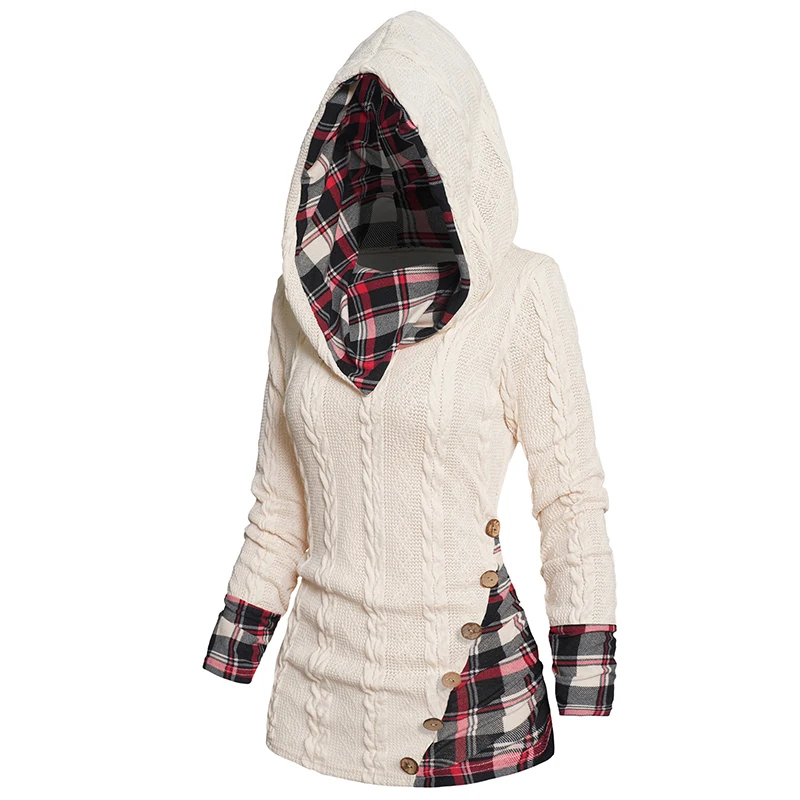 Top Trends: Twisted Cable Knit Plaid Print Hooded Sweater Mock Button Ruched Shawl Neck Sweater Shoppable Styles