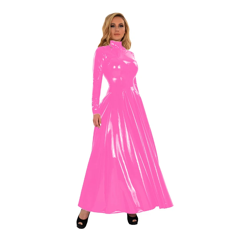 Top Trends: Women PU Long Sleeve Dress Faux Latex Pendulous Maxi Dress Floor Length High Neck PVC Patent Leather Slim Party Clubwear Custom Shoppable Styles