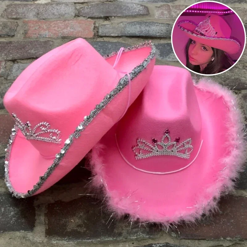 Top Trends: Western Style Cowboy Hat Pink Women Girls Birthday Party Caps With Feather Sequin Decoration Crown Tiara Party Cowgirl Hats Shoppable Styles