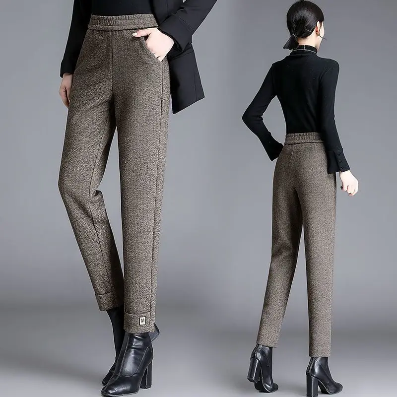 Top Trends: Autumn Winter Wool Thicken Fashion Women Pencil Pants Office Lady Elastic High Waist Solid Casual All-match Straight Trousers Shoppable Styles