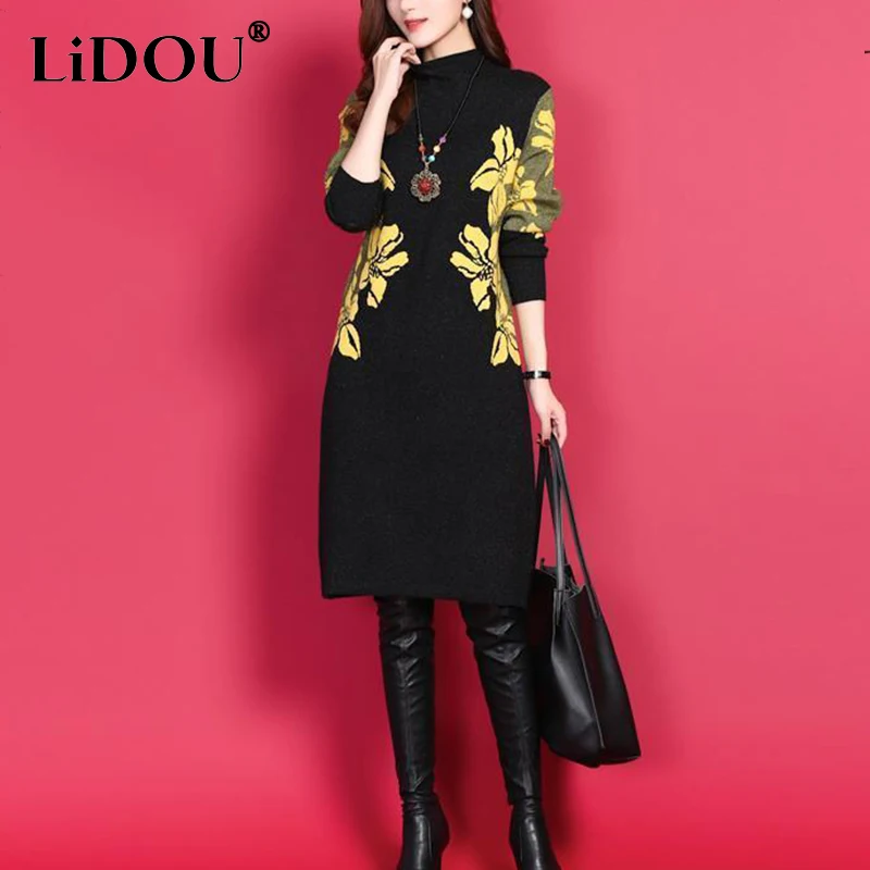 Top Trends: Autumn Winter Loose Casual Printing A-line Dress Ladies Long Sleeve Fashion All-match Bottomed Robe Femme Add Plush Midi Vestido Shoppable Styles