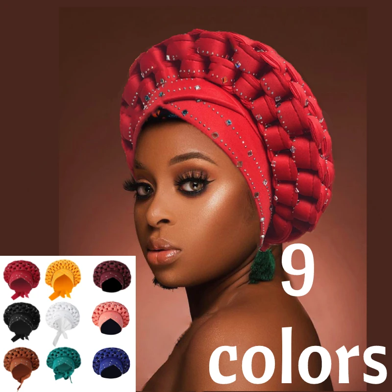 Top Trends: Exaggerated Braids Turban Cap African Sequin Head Wrap Diamonds Nigeria Auto Gele Headtie Wedding Party Headwear Muslim Hijab Shoppable Styles