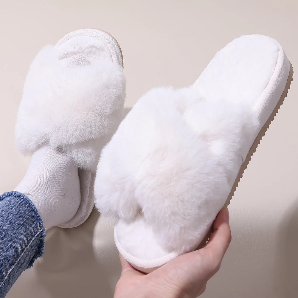 Top Trends: Comwarm New Fashion Furry Slippers Women Winter Cross Fluffy Fur Home Slides Thick Sole Indoor Floor Shoes Ladies Fur Flip Flops Shoppable Styles - Image 3