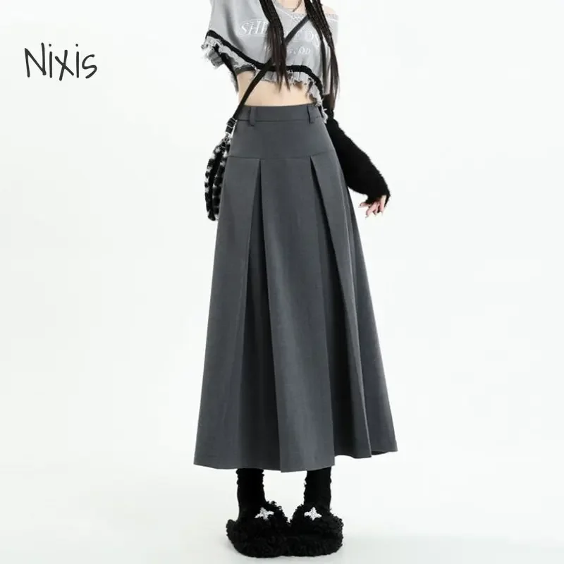 Top Trends: Vintage Grey Medium Length Skirts Women Spring Summer High Waist Pleated Umbrella Skirt Fashions Y2k Female Korean Style Clothes Shoppable Styles