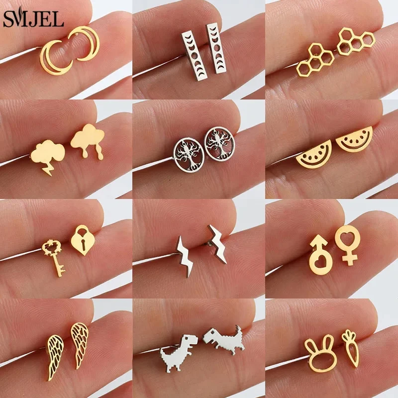 Top Trends: Stainless Steel Mini Stud Earrings Lightning Watermelon Wings Star Mooon Cartilage Ear Piercing Jewelry Key Lock Shape Studs Shoppable Styles