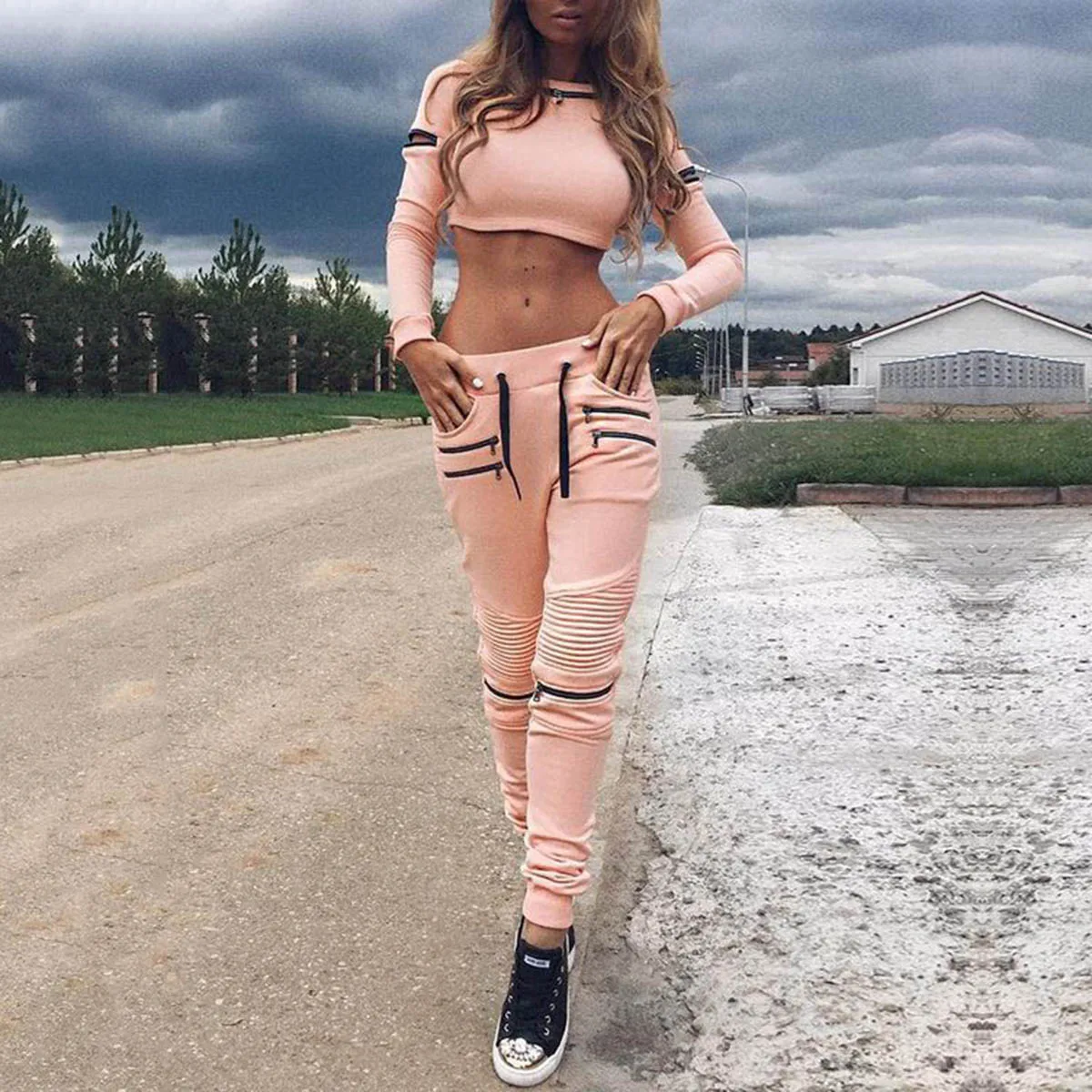 Top Trends: Oshoplive Fashion Zipper Hollow Long Sleeves Tees&Pants Suits For Women Casual Drawstring Sports And Yoga ActiveSuits Shoppable Styles