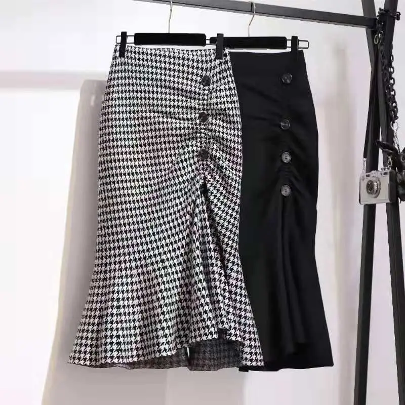 Top Trends: Autumn Winter Elegant Fashion Vintage Plaid Printing Folds Mermaid Skirt Female High Waist Slim All-match Skirt Women&#039;s Clothing Shoppable Styles