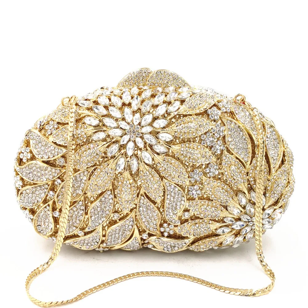 Top Trends: Gold Metal Leaves White Crystals Evening Clutch Bags Luxury Women Wedding Party Purse Ball Handbags Rhinestone Mini Heart Bag Shoppable Styles