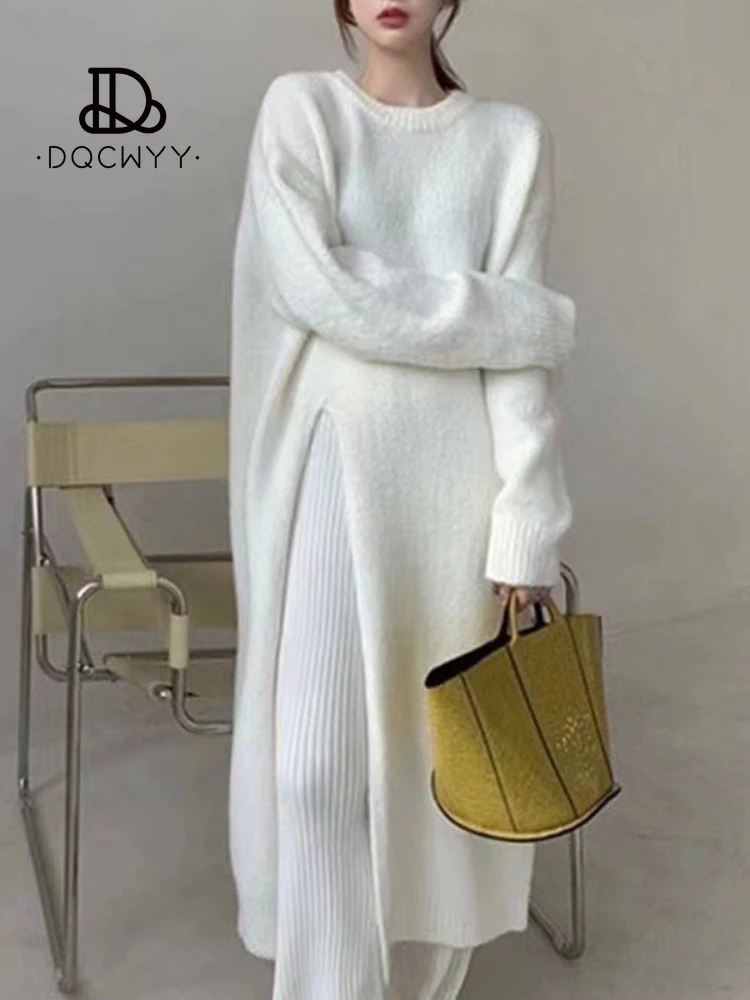 Top Trends: Sweater Woman Languor Style Side Slit Dress New In Autumn Winter Loose Pullovers Below The Knees Long Style Knit Korean Fashion Shoppable Styles