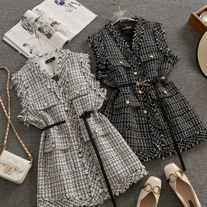 Top Trends: Women Luxurious Vintage Elegant Tweed Jacket Vest Waistcoat Knitted Vest With Belt Sleeveless Oversized Jacket Veste New Shoppable Styles