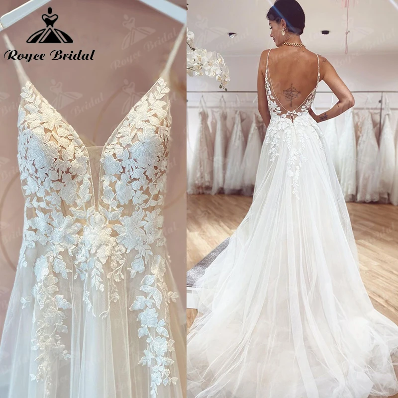 Top Trends: Vestido De Novia Boho Vintage Fairy Wedding Dress Lace Applqiues Spaghetti Straps V Neck Bridal Gowns Tulle A Line Trouwjurk Shoppable Styles