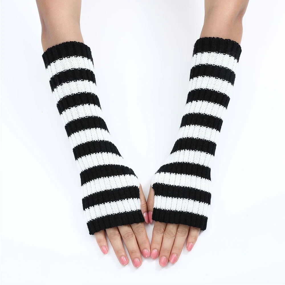 Top Trends: Long Fingerless Gloves Women Arm Sleeves Knitted Striped Arm Sleeve Covers Winter Elbow Mittens Arm Warmers Elastic Gloves Shoppable Styles