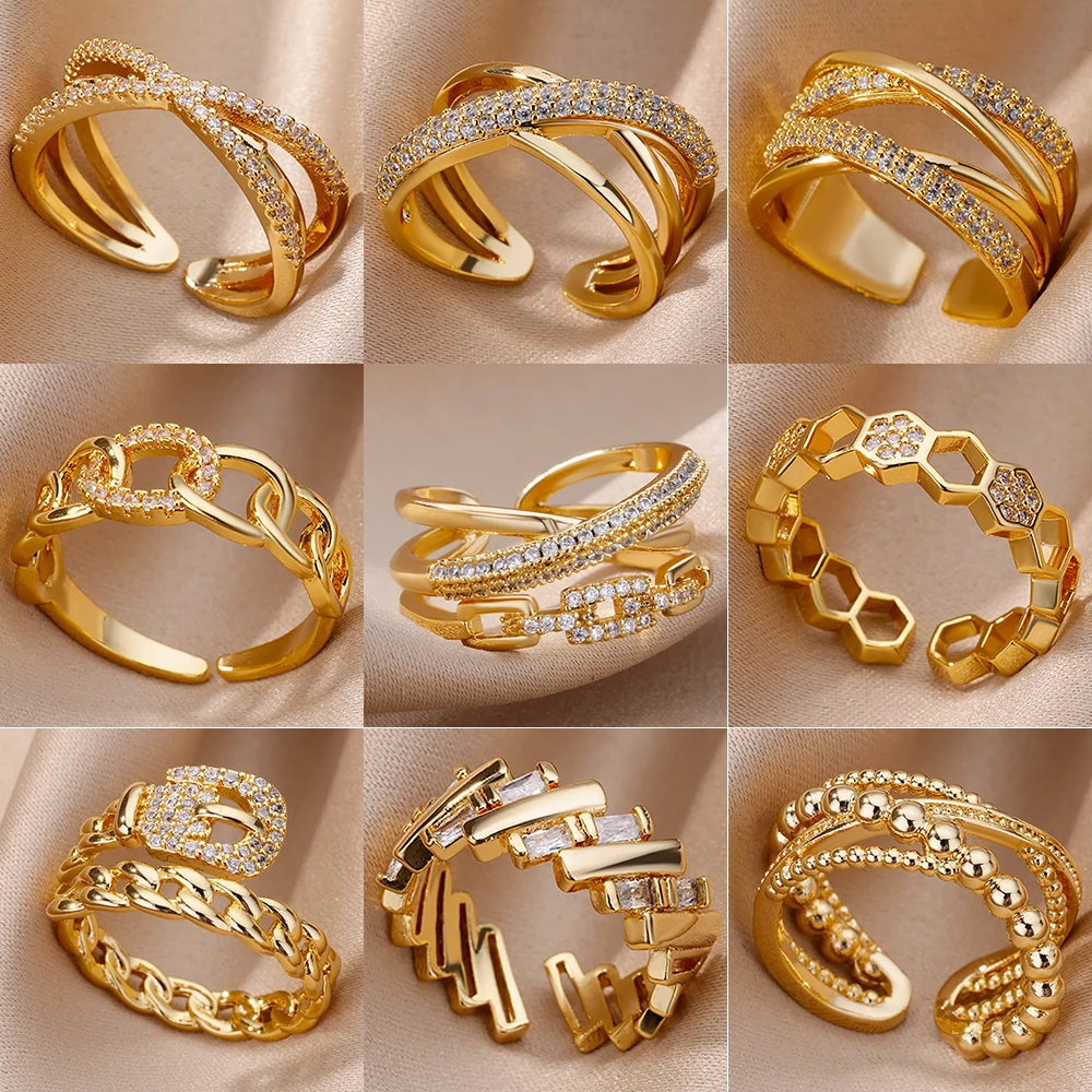 Top Trends: Fashion Gold Color Stainless Steel Rings For Women Chain Hollow Out Crystal Zircon Finger Ring Jewelry 2023 Gift Anillos Mujer Shoppable Styles