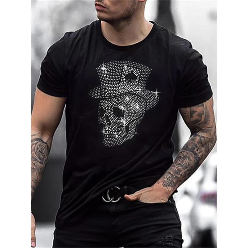 Top Trends: Mens Oversized Fashion T-Shirts Summer Casual Street Short Sleeve Skull Hot Drill Men Clothing Tee Tops O-Neck Rhinestone Tshirt Shoppable Styles