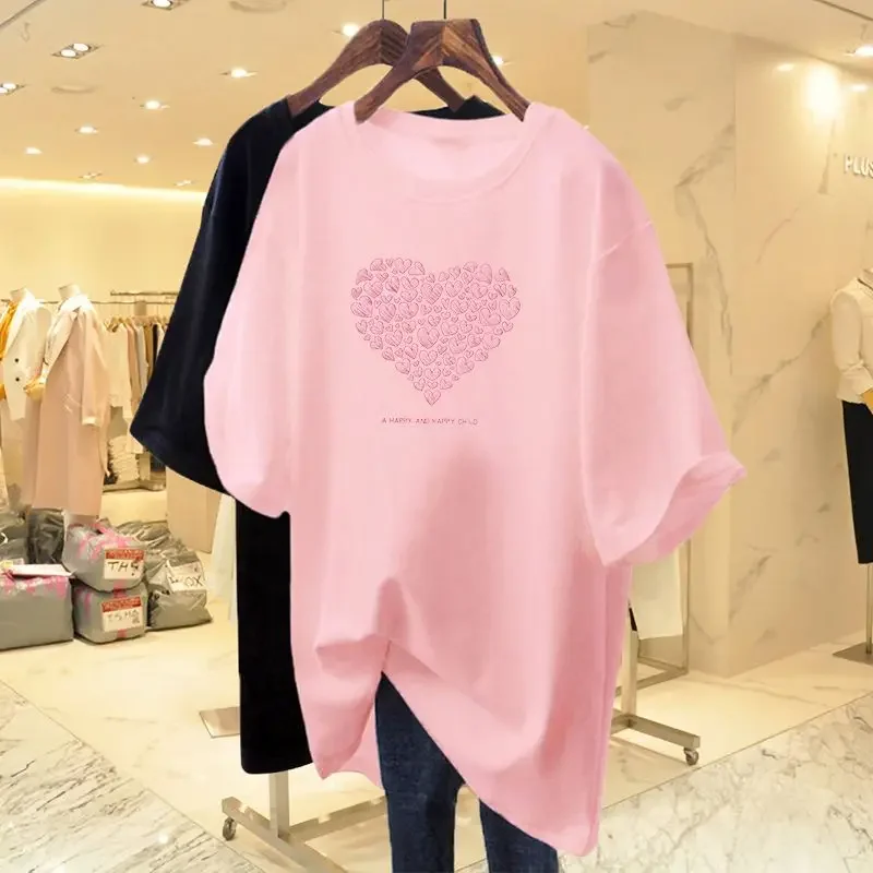 Top Trends: Summer Pink Loose Cotton T-Shirt Womens Clothing Round Neck Casual Short Sleeve Tops Pullover Solid Printed Basic AD-37 Shoppable Styles