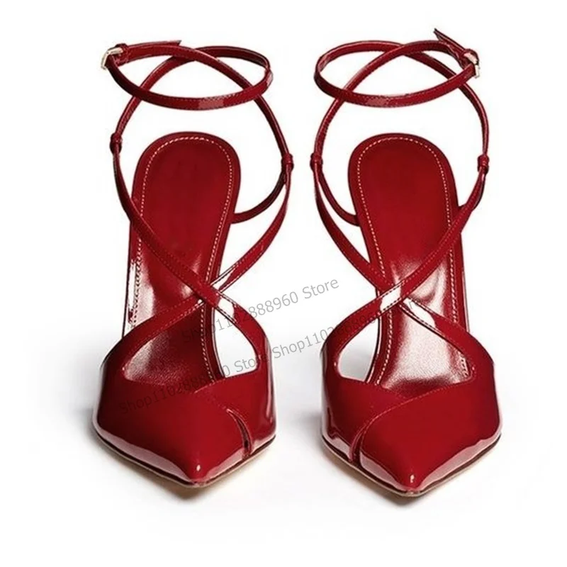 Top Trends: Shallow Red Narrow Band Sandals Stilettos High Heel Cut Heel Women Shoes Ankle Buckle Strap Pointed Toe 2023 Zapatos Para Mujere Shoppable Styles