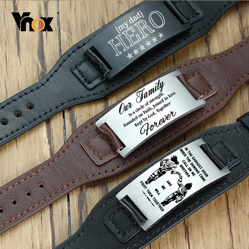 Top Trends: Vnox Free Personalize Men Bracelets Genuine Leather Wristband With Stainless Steel ID Bar Custom Gents Bangle Shoppable Styles