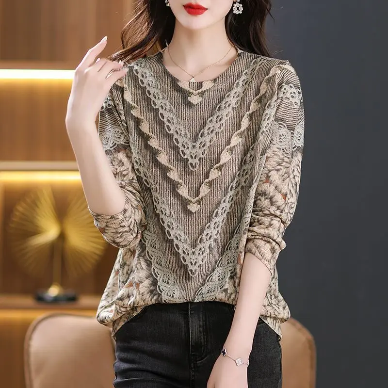 Top Trends: Vintage Printed Loose Knitted Pullovers Casual Round Neck Female Clothing Fashion Long Sleeve Spring Autumn All-match T-shirt Shoppable Styles