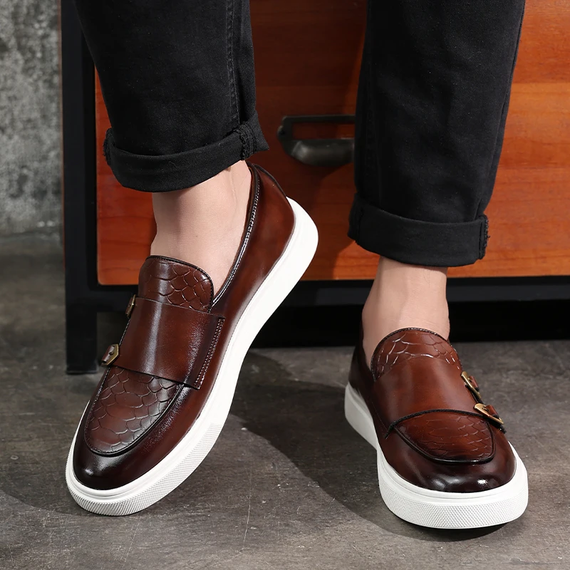 Top Trends: Black Men's Vulcanize Shoes Double Buckle Slip-On Brown Pu Leather Sneakers Shoes For Men With Size 38-46 Shoppable Styles