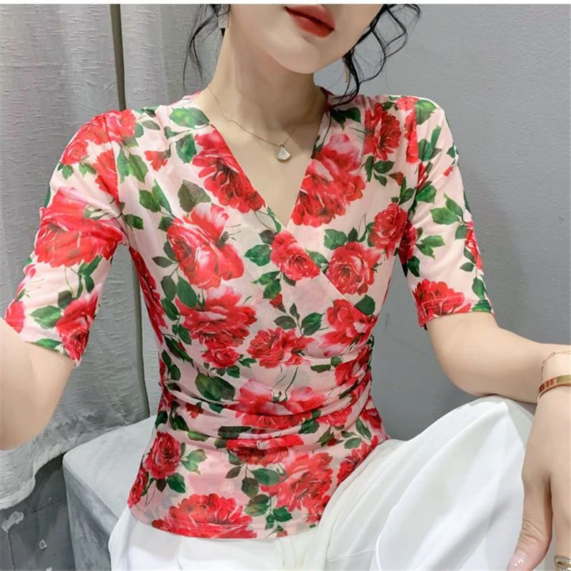 Top Trends: Women&#039;s Clothing Ruched Sexy Sheer Mesh V-neck Elegant Basic T-shirt Spring Summer Fashion V Neck Tie Dye Floral Print Slim Tops Shoppable Styles