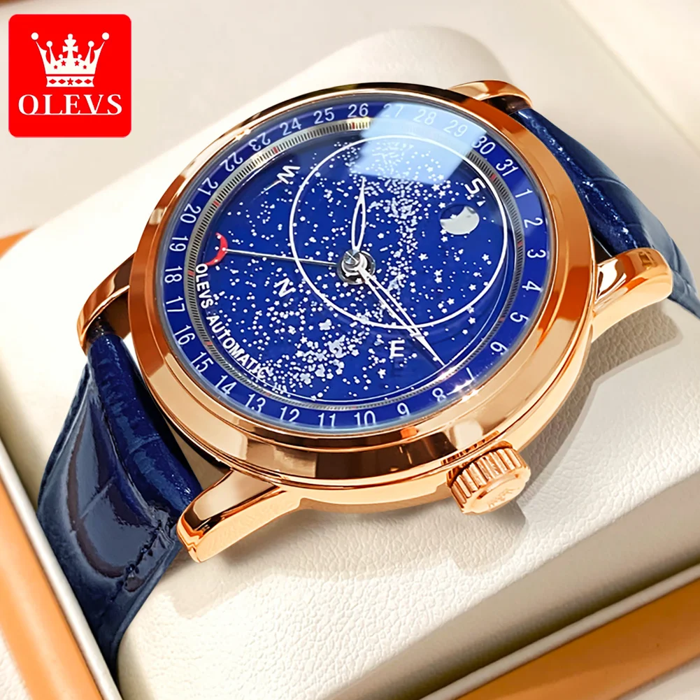 Top Trends: OLEVS 9923 Men's Watches Moon Phase Automatic Mechanical Watch For Man Blue Leather Luxury Dress Waterproof Luminous Wristwatch Shoppable Styles