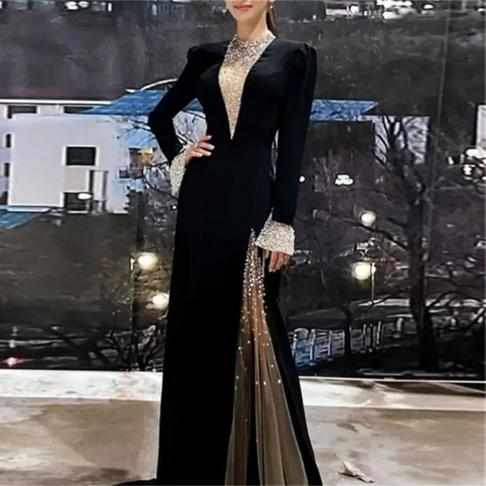 Top Trends: Sexy Black Evening Dresses 2023 Sparkly Long Sleeves Glitter O Neckline Velour Mermaid Womens Formal Prom Gowns Robes De Soirée Shoppable Styles