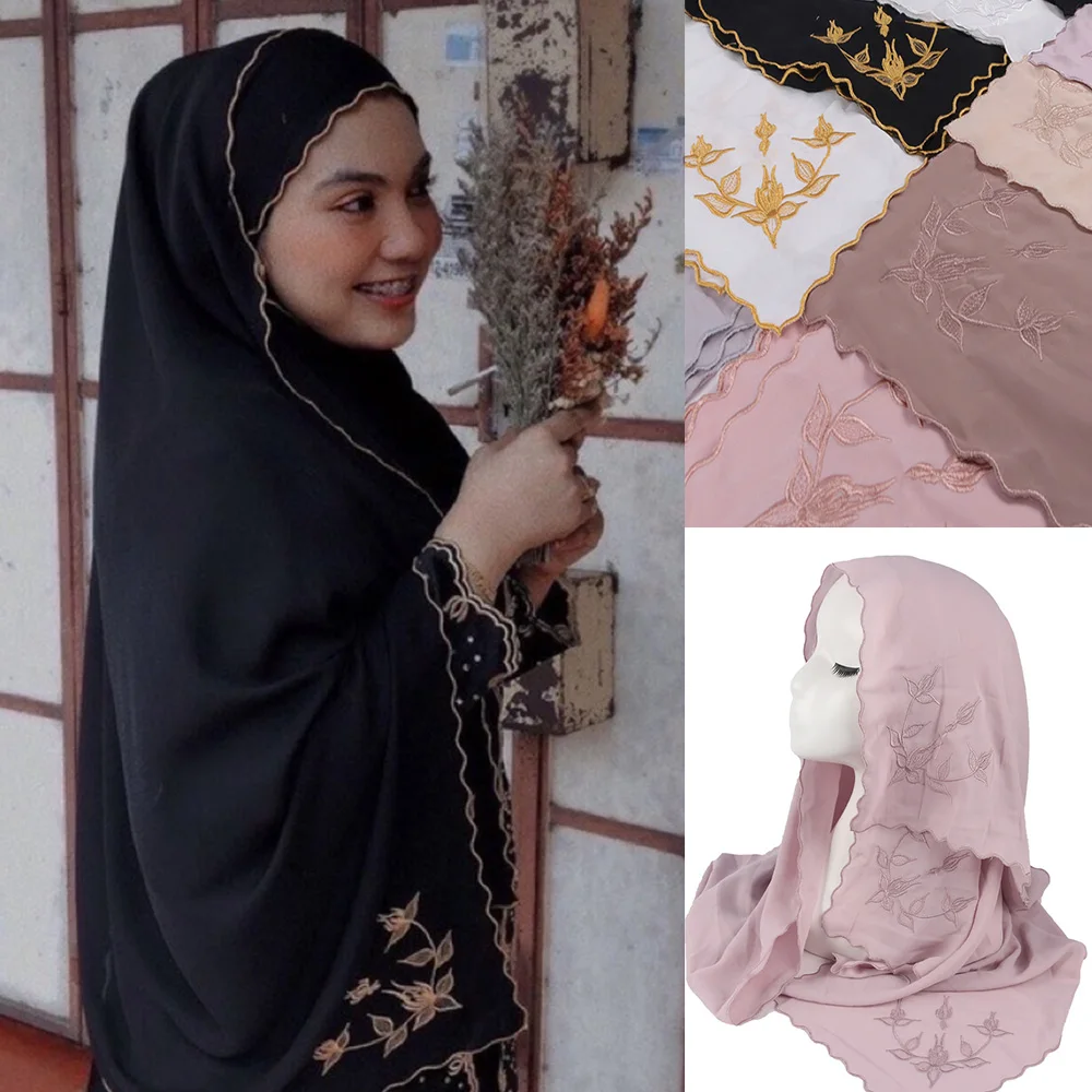 Top Trends: Muslim Fashion Hijab Flower Shawl Sulam Kain Women Embroidered Chiffon Scarf High Quality 180*70cm Islamic Clothing Ready Shoppable Styles