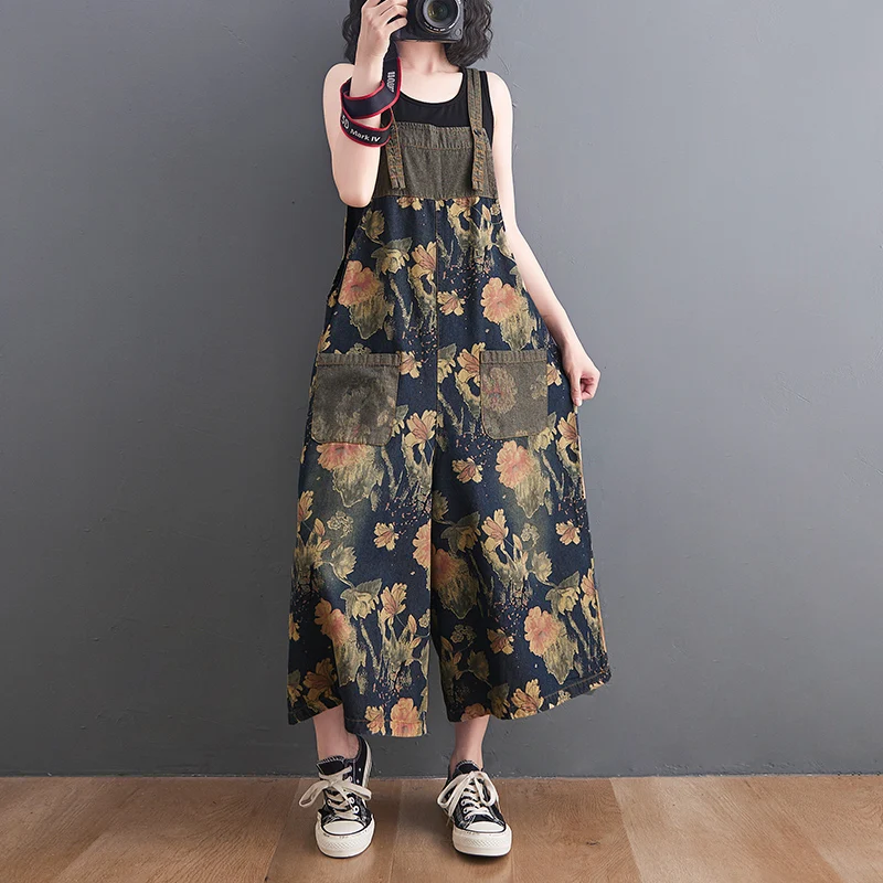 Top Trends: Summer New Print Strap Jean Jumpsuit Women Fashion Suspenders Jeans Vintage Casual Wide Leg Denim Rompers Loose Dungaree G1980 Shoppable Styles