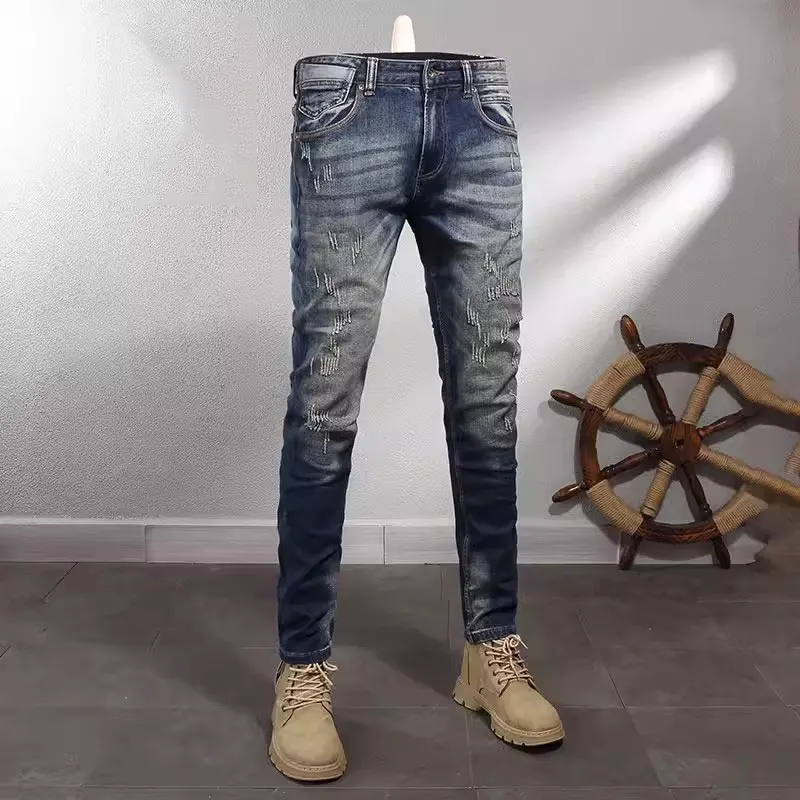 Top Trends: Fashion Vintage Men Jeans High Quality Retro Washed Blue Elastic Slim Fit Ripped Jeans Men Trousers Vintage Denim Pants Hombre Shoppable Styles