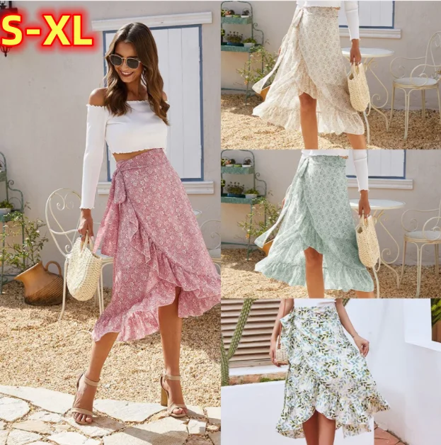 Top Trends: Ladies Vintage Floral Print Long Summer Skirt Women High Waist Knotted Tied Wrap Ruffle Chiffon A Line Split Woman Skirts Female Shoppable Styles