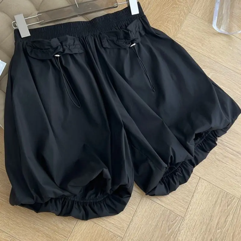 Top Trends: Summer New Elastic Waist Pleated Shorts Solid Color Loose Pockets Patchwork Wide Leg Hot Pants Casual Fashion Women Clothing Shoppable Styles - Image 6