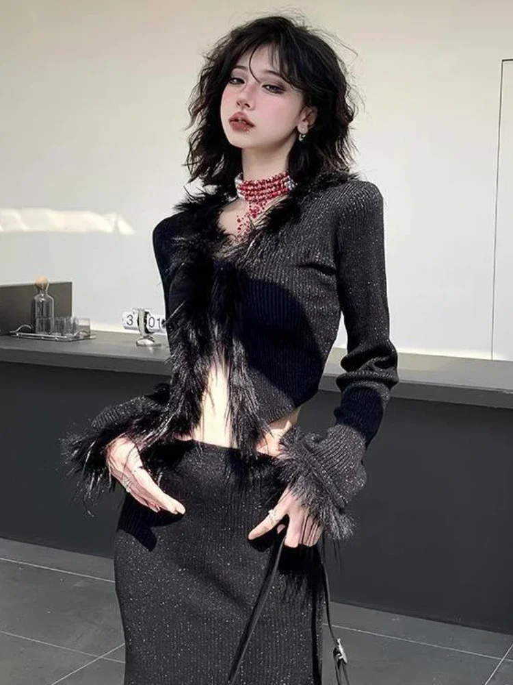 Top Trends: Deeptown Y2K Grunge Black Cropped Cardigan Women Korean Elegant Fur Knitted Sweater Luxury V-neck Slim Fit Tops Harajuku Vintage Shoppable Styles