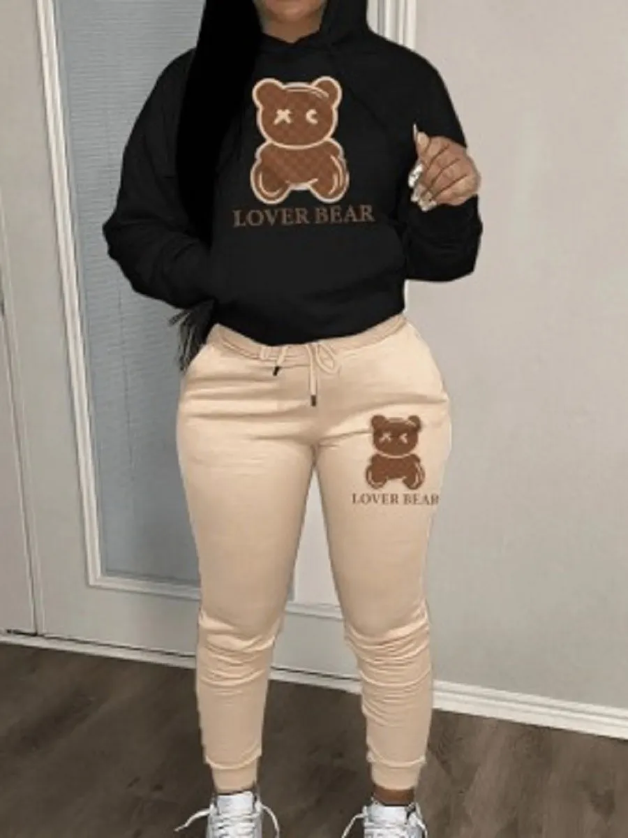 Top Trends: LW Two Piece Set Cartoon Letter Print Tracksuit Set Long Sleeve Drawstring Pullover Hoodies Top Sweat Pants Jogger Suits Shoppable Styles