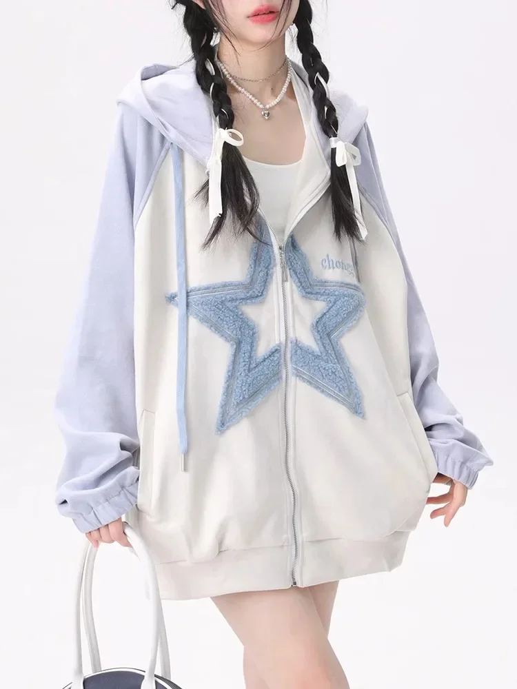 Top Trends: ADAgirl Kawaii Zip Up Hoodies Sweet Star Pattern Oversized Raglan Sleeve Sweatshirts For Women Cutecore Fashion Aesthetic Tops Shoppable Styles