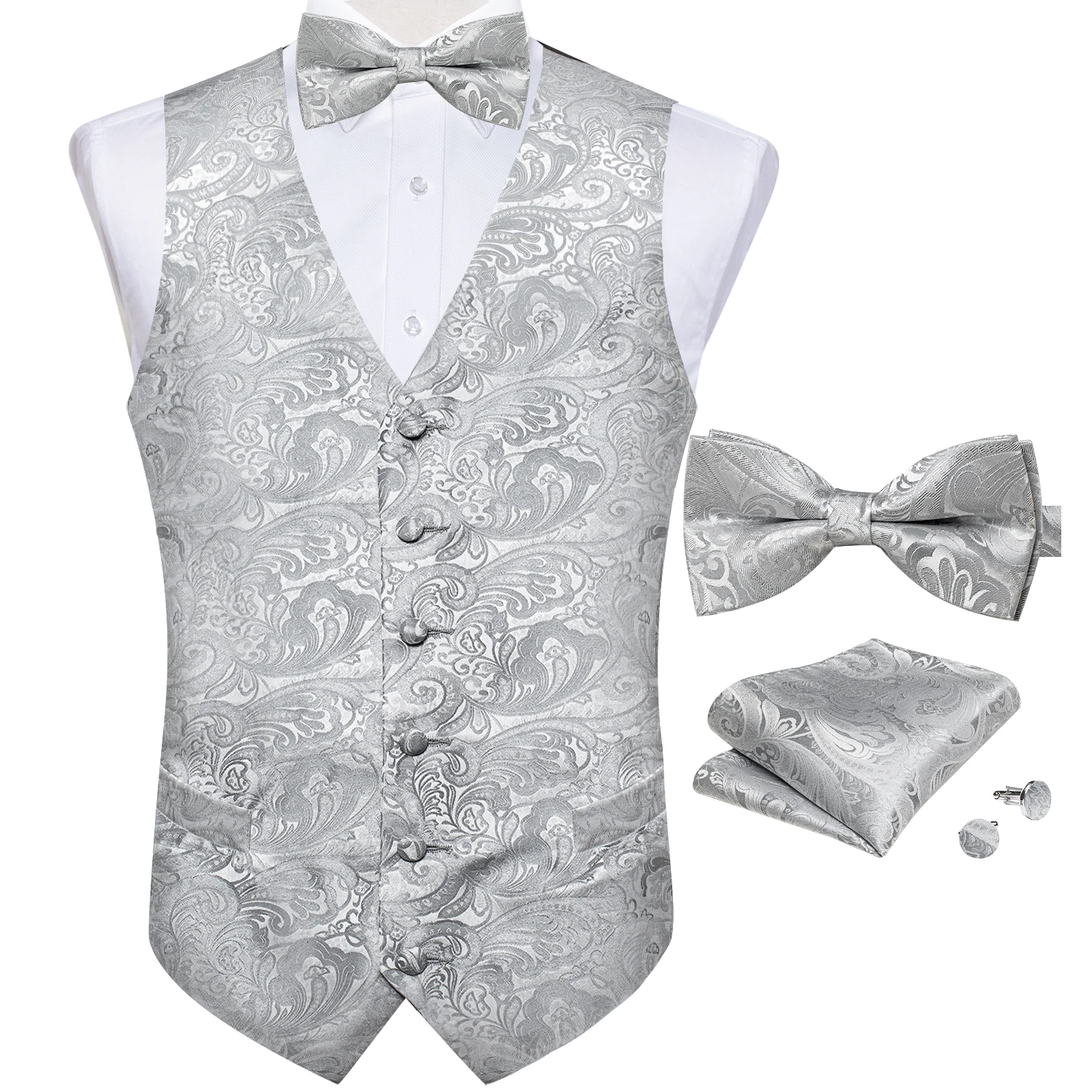 Top Trends: Formal Gray Vest For Man Wedding Fashion Men's Paisley Waistcoat Bow Ties Handkerchief Cufflinks Set Business Party Dress Vests Shoppable Styles