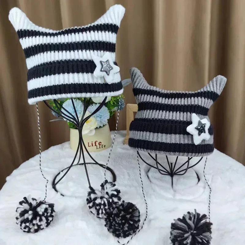 Top Trends: Y2K Beanie Hat Ins Devil Ear Striped Knitted Wool Cap Autumn Winter Pentagram Cute Cat Ears Pointed Pullover Women's Hats Shoppable Styles - Image 6