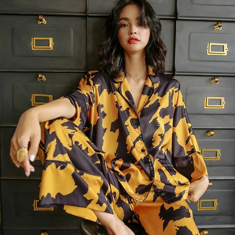 Top Trends: New Silk Satin Pajamas Set Women's Spring Autumn Loungewear Abstract Printed Gold Black Sleepwear Can Be Worn Outside Leisure Shoppable Styles