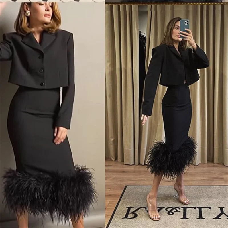 Top Trends: Black Designer Ostrich Feather Women Suit Skirt Sets Custom Made Blazer+ Dress Single Breasted Prom Dresses 2 Piece Short Jacket Shoppable Styles