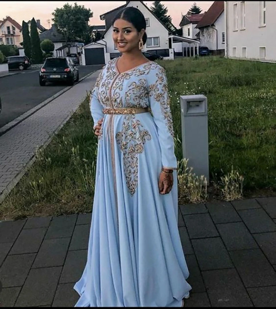 Top Trends: Light Blue Moroccan Caftan Formal Evening Dresses V-Neck Sparkly Gold Appliques Arabic Muslim Party Guest Banquet Prom Gowns Shoppable Styles - Image 2