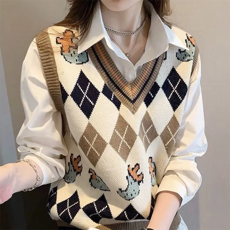 Top Trends: Kawaii Cartoon Women Sweater Vest Korean Fashion Spring Autumn Argyle Loose Pullover V-Neck Casual Knitted Sleeveless Sweaters Shoppable Styles