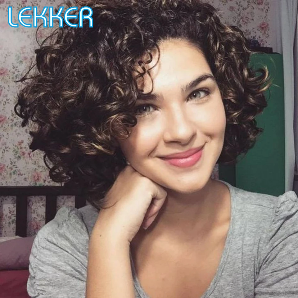 Top Trends: Lekker Colored Short Kinky Curly Bob Human Hair Wig For Women Natural Glueless Brazilian Remy Hair Ombre Brown Fluffy Curl Wigs Shoppable Styles