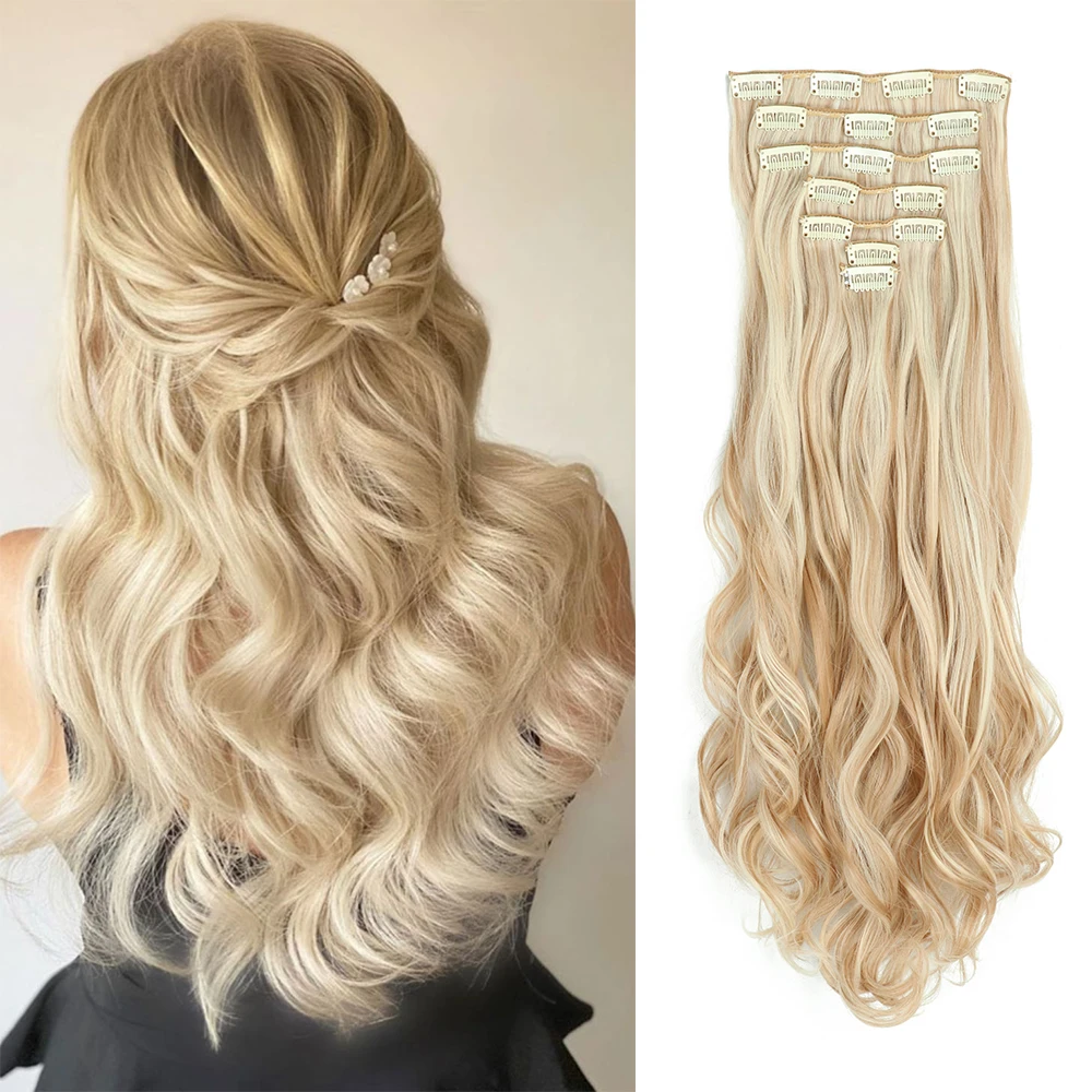 Top Trends: AZQUEEN Long Natural Wavy Synthetic 16 Clips Hair Extensions Clips In High Temperature Fiber Golden Blonde 7 Pcs / Set Hairpieces Shoppable Styles