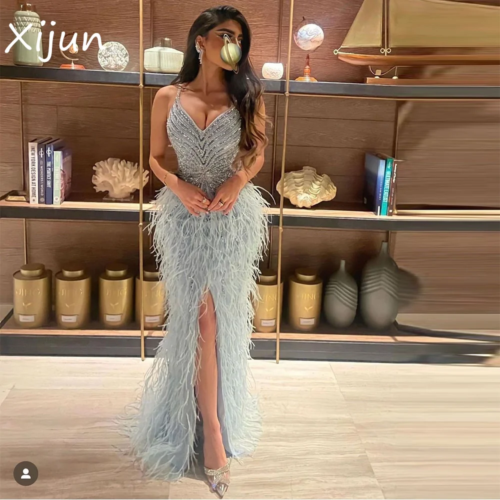 Top Trends: Xijun Luxury Feathers Mermaid Saudi Arabic Evening Dresses V-Neck Side Split Dubai Women Prom Dress Formal Party Gowns 2023 Shoppable Styles