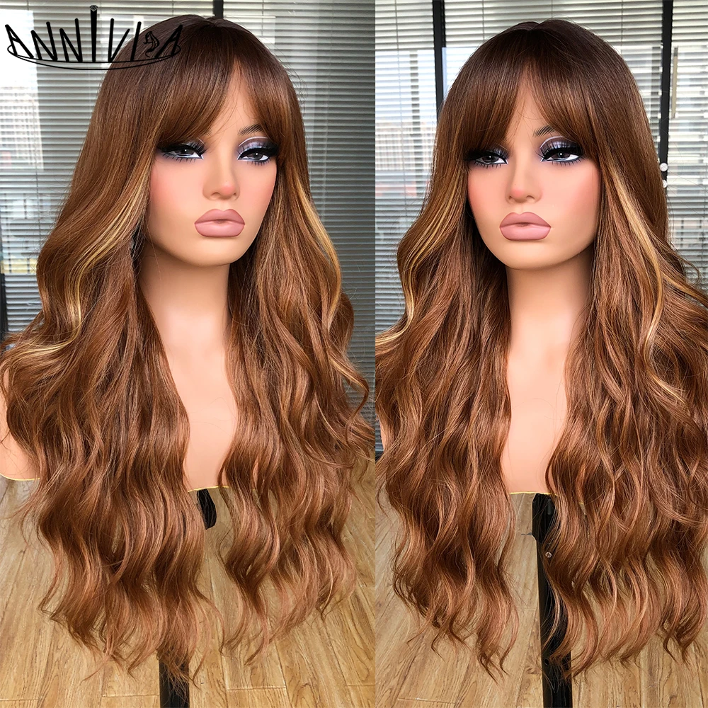 Top Trends: Brown Blonde Ombre Synthetic Wigs With Bangs Long Wavy Wigs Daily Cosplay Party Use Heat Resistant Fibe For Women Shoppable Styles