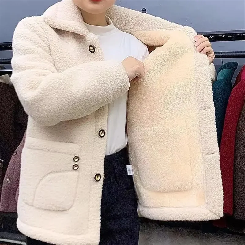 Top Trends: 2022 New Winter Jacket Plus Velvet Thick Warm Coat Women Lamb Fur Coat Mid-Long Lady's Grain Velvet Loose Coat Female Jacket Shoppable Styles