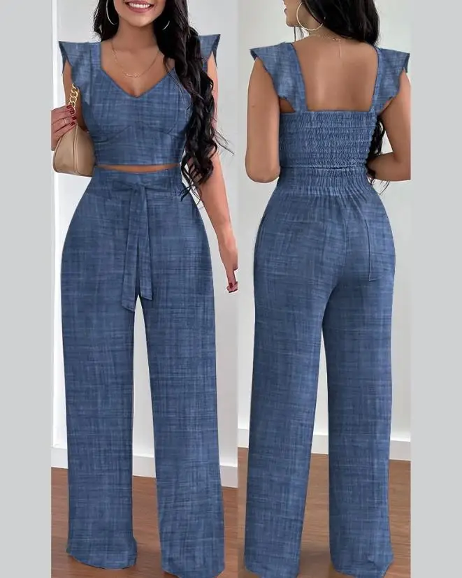 Top Trends: Two Peice Set For Women Matching Sets Shirred Crop Top &amp; Pocket Design Wide Leg Pants Set V-Neck Sleeveless Pocket Shirred Sets Shoppable Styles