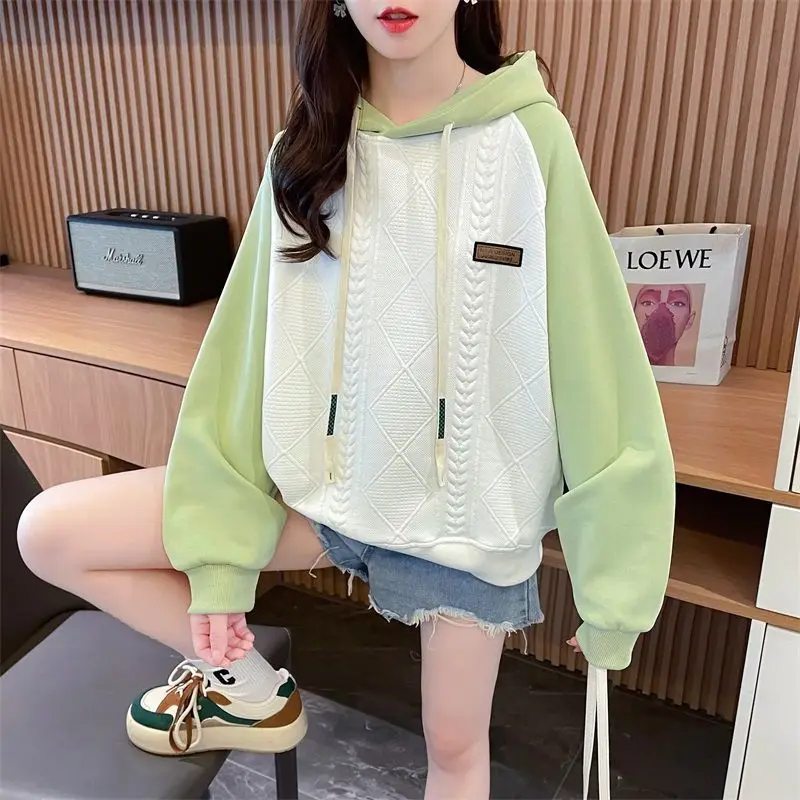 Top Trends: Casual Korean Contrast Color Spliced Sweatshirts 2023 Autumn Winter Fashion All-match Long Sleeve Hooded Tops Women's Clothing Shoppable Styles